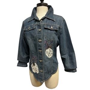 FDJ French Dressing Denim Jacket Womens 6 Blue Excellent Patchwork‎ Lace Boho